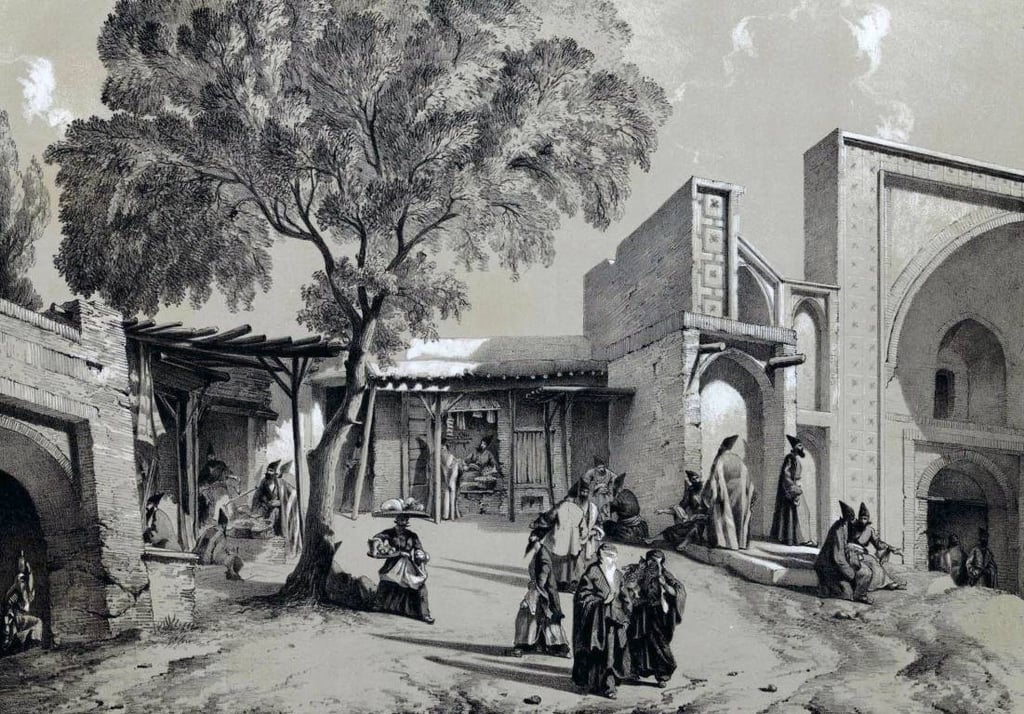 Bazaar and mosque entrance in Qazvin, Bazaar and Mosque in Qazvin (Iran), designed and lithographed by Eugène Flandin. From 'Journey in Persia during the years 1840 and 1841' by Eugène Flandin and Pascal Xavier Coste, published in Paris in 1851.