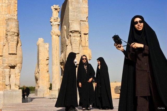 Iran, Fars Province, Persepolis, listed as World Heritage by UNESCO, the Gate of all nations through which entered the delegations, bull androcephale winged, tourists groups - SURFIRAN