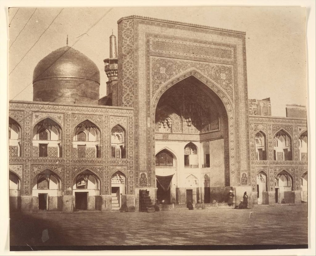 Main entrance to the Imam Reza Shrine in Mashhad, potentially created by Luigi Pesce, an Italian artist (1818–1891).