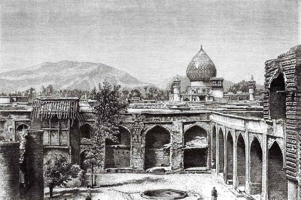 Nasir al-Mulk Mosque, renowned as the Pink Mosque, located in Shiraz, Fars Province, Iran. Highlighted in Persia, Chaldea and Susiana by Jane Dieulafoy, 1881-1882. This historical 19th-century illustration was featured in Le Tour du Monde in 1906.