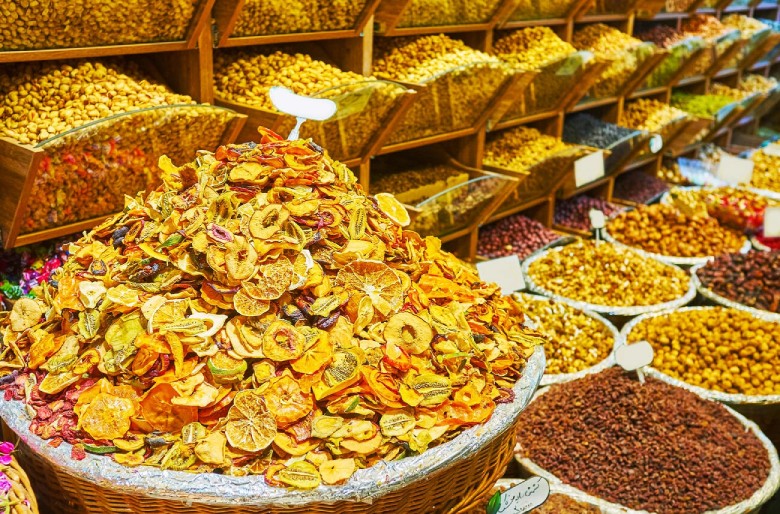The Market Stall with Different Dried Fruits and Nuts in Tajrish Bazaar