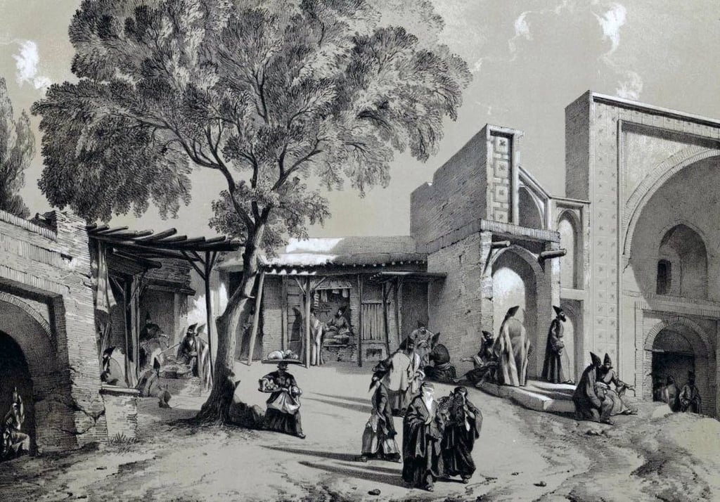 Qazvin Travel Guide 2 Bazaar And Mosque Entrance In Qazvin, Bazaar And Mosque In Qazvin (Iran), Designed And Lithographed By Eugène Flandin. From &Amp;Apos;Journey In Persia During The Years 1840 And 1841&Amp;Apos; By Eugène Flandin And Pascal Xavier Coste, Published In Paris In 1851.