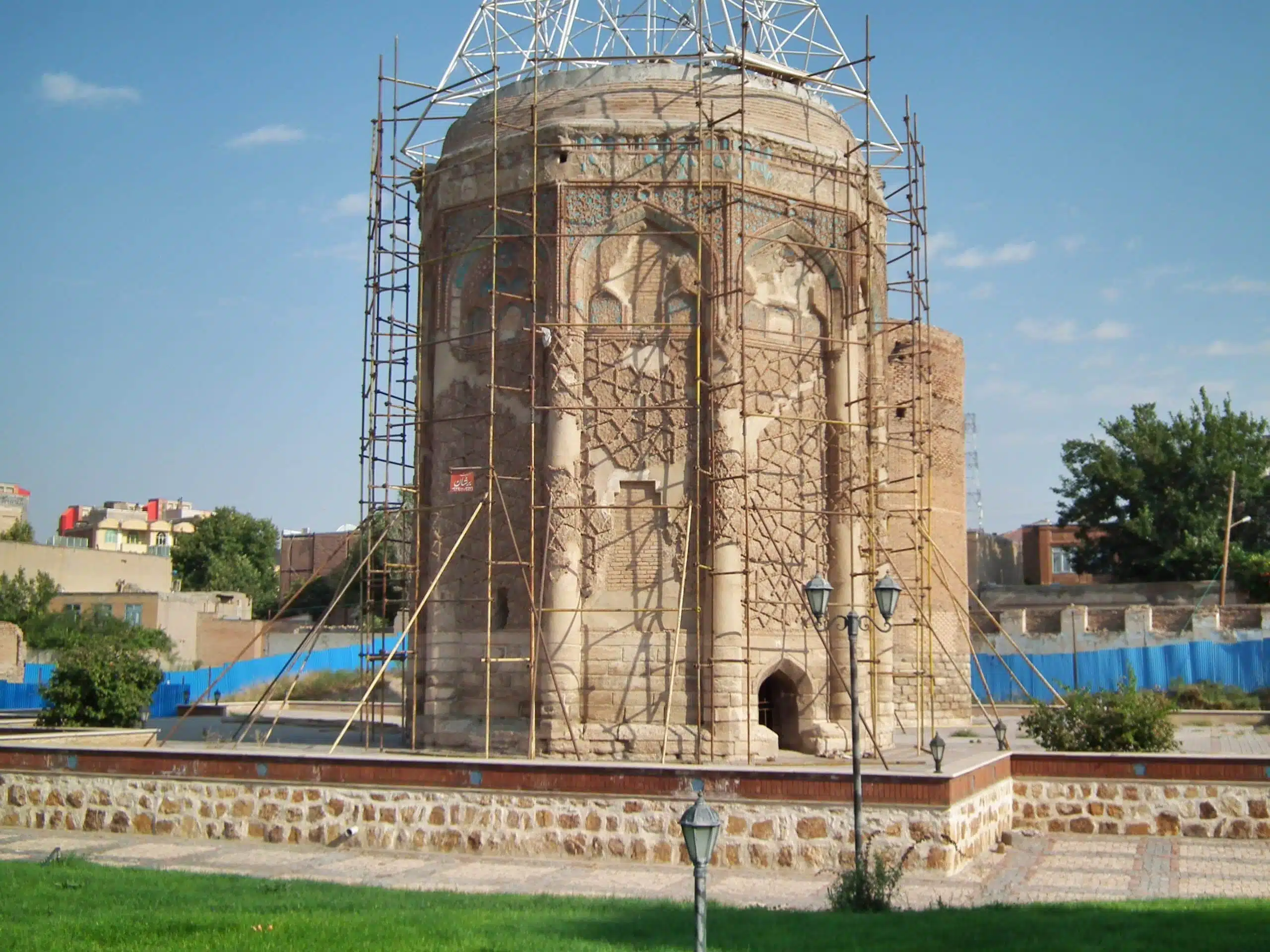 Gonbad-e Kabood is a historical monument located in the city of Maragheh, Iran. It is a famous 12th-century brick tower, also known as the Blue Dome, that was once part of an observatory built by the astronomer and mathematician, Khwaja Nasir al-Din al-Tusi.