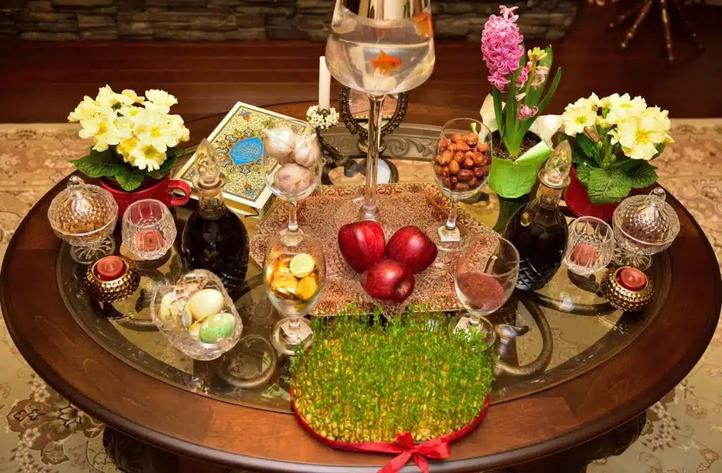 The traditional New Year’s spread (sofre-ye haft sin) features seven items.