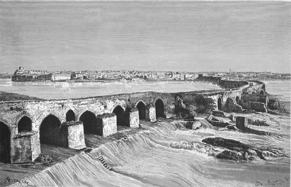 Shushtar. Engraving showing the Pol-Band-e Shâdorvân in the 1880s (after Dieu La Foie)