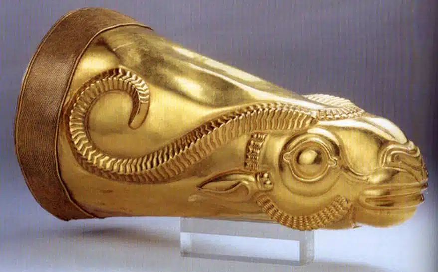Golden rhyton (drinking vessel) from Iran’s Achaemenid period, excavated at Ecbatana. Kept at the National Museum of Iran.