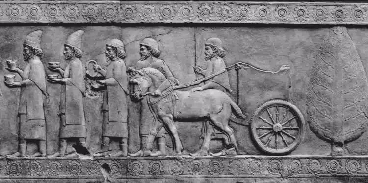 A delegation bring gifts of precious metal and a chariot fit for a king, Persepolis, 500 BC.