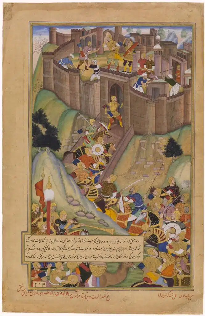 A Persian miniature from a manuscript of the Chinghiz-nama, illustrating a momentous event: Hulagu Khan's destruction of the fort at Alamut. The 15th-century artwork captures the drama and intensity of Mongol conquest.