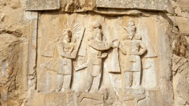 Rock Relief From The Sassanid Empire, Coronation Ceremony, Investiture, God Mithras, Persian Ruler King Ardashir Ii