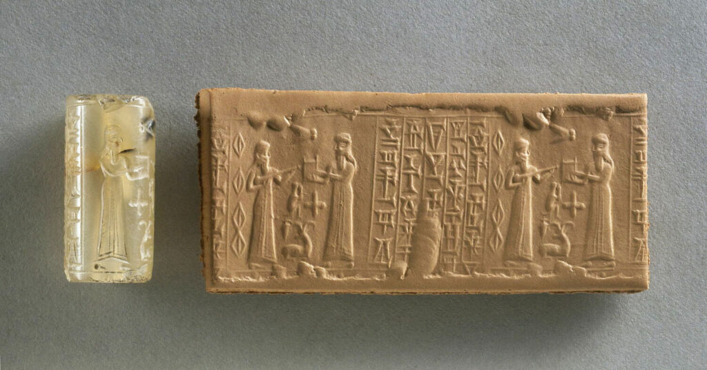 Unearthing The City Of Lilies: The Dieulafoys’ Persian Legacy 12 **Cylinder Seal From Susa, Reign Of Kurigalzu Ii (C. 1332–1308 Bc)** Chalcedony Seal Depicting Two Musicians Facing Each Other With Lute And Lyre, Alongside A Fly, Monkey, Antelope, Cross, Rhomboid Symbols, And Cuneiform Inscription. Discovered At Susa By Marcel Dieulafoy, Now Housed In The Louvre, Richelieu Wing, Room 227.