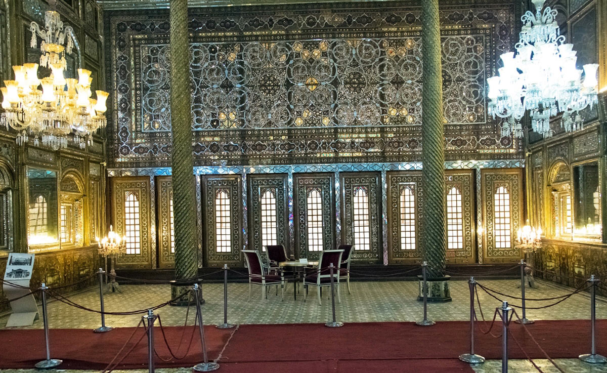 Golestan Palace In Tehran. Interior Mirror Mosaics Of An Ayeneh-Kari Hall Recognized By Unesco In Iran